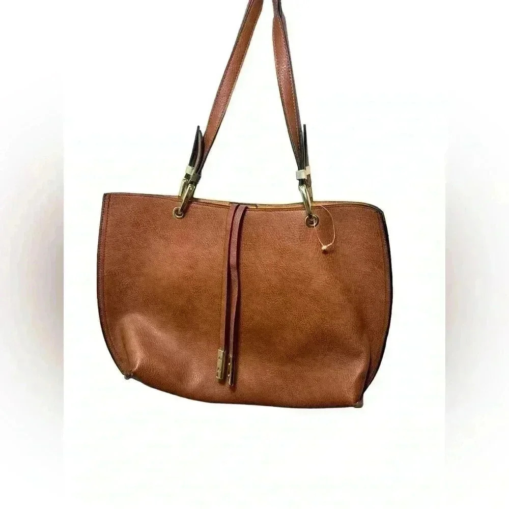 Steve Madden Brown Faux Leather Tote Bag Large Shoulder Purse Gold Hardware - Picture 3 of 15